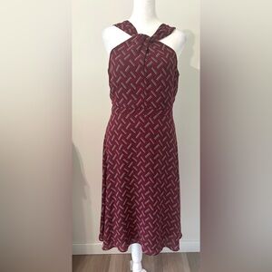 Banana Republic Factory Red Blue Geometric Twist Halter Neck Midi Lined Dress